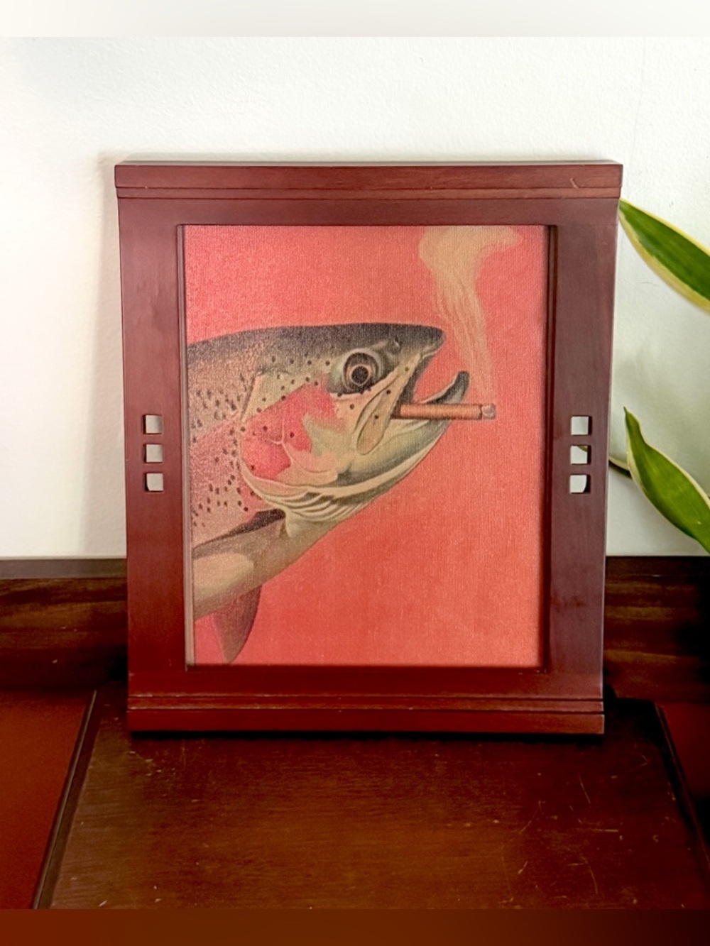 Trout Fish Smoking a Cigarette Vintage Style Canvas Wall Art Print Wood Framed
